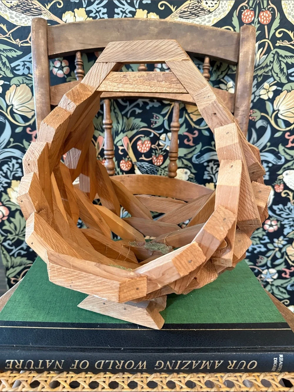 Vintage Mid Century Geometric Wood Basket Planter